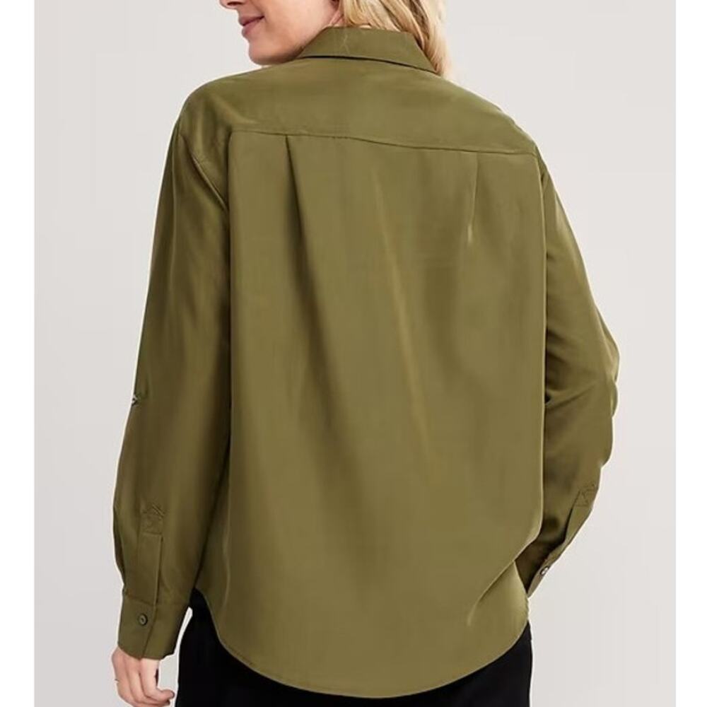 Old Navy M Shirt Button Utility Olive Green Blouses Pockets Roll Tab Round Hem - Picture 4 of 10